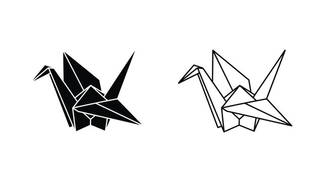 Minimalist origami crane icons silhouette and outline design for art, craft, and paper folding illustrations
