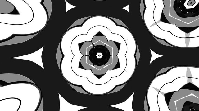 Seamless Abstract Monochrome Kaleidoscope with Cartoon Style Geometry, Symmetrical 3D Patterns and Dynamic Motion