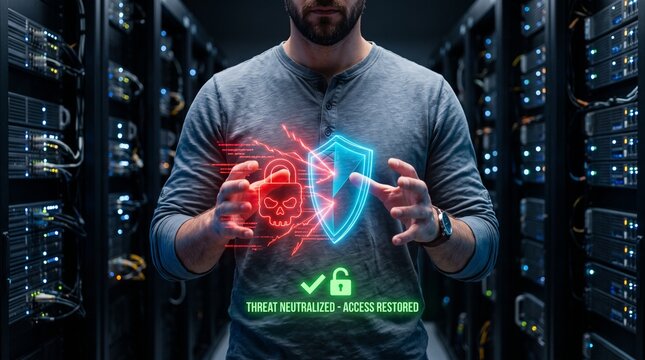 IT specialist blocking ransomware cyber attack with digital shield. Cybersecurity expert neutralizing malware threats in server room.