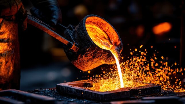 Molten metal being poured from crucible into mold with glowing sparks during industrial metal casting process in dark workshop environment