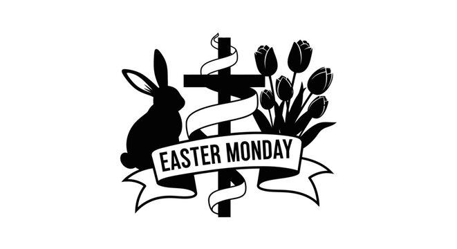 Easter monday logo with rabbit cross with black white easter featuring rabbit cross tulips celebration holiday ribbon spring symbol