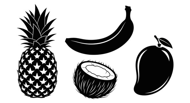 Black and white vector set of tropical fruits including pineapple banana mango and coconut on white background with displays collection black silhouette icons