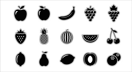 Collection of black with collection 15 black white fruit icons arranged three rows plain white background strawberry watermelon pineapple with banana © Dipan