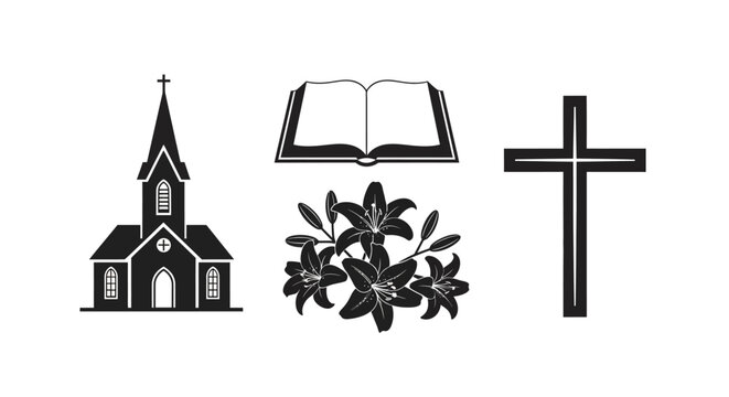 Christian church cross bible with four black white religious icons plain white background christianity spirituality protestant religion devotion