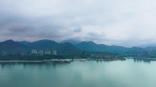 Aerial View of Taiping Lake with Misty Mountains