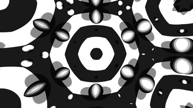 Stylized Black and White Kaleidoscope Animation with Cartoon Geometric 3D Forms and Intricate Symmetrical Composition