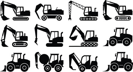 Construction Equipment Silhouette Icons, Heavy Machinery and Industrial Vehicles Vector Set © Mdforiduddin