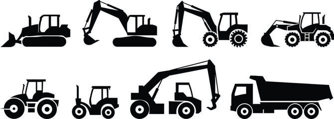 Construction Vehicle Icon Set, Excavator, Bulldozer, Tractor, Loader and Dump Truck Silhouette Vector Collection © Mdforiduddin