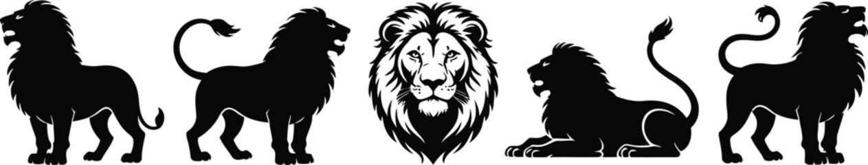 Fototapeta premium Black Lion Silhouette Collection, Big Cat Wildlife Vector Icons Set
