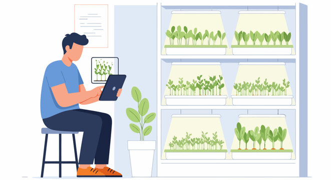 Man using a tablet to monitor indoor vertical farming of seedlings