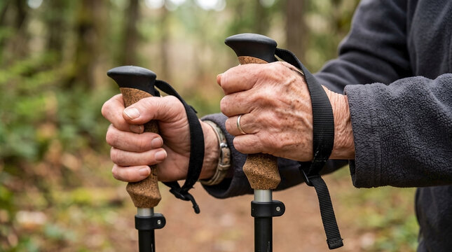 Senior hands gripping hiking poles on a forest path for active aging outdoors content, healthy lifestyle blogs, therapeutic exercise guides, and nature exploration websites.