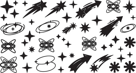 Star shapes vector collection featuring various sparkling celestial elements shooting stars and orbit rings in a minimalist black and white graphic design set for artistic projects. © Ajoy