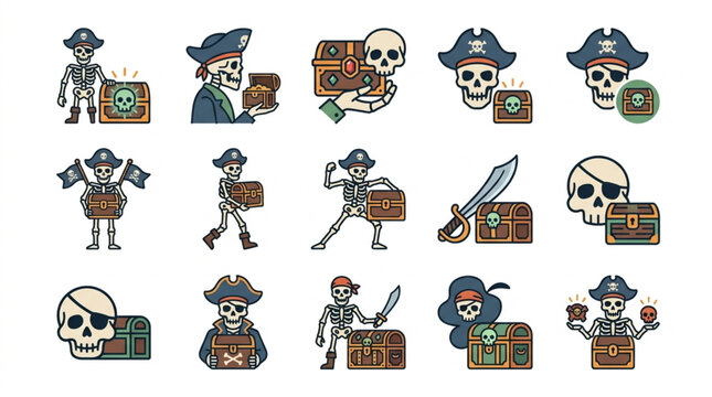 Pirate Skeleton Characters and Treasure Chests Collection.