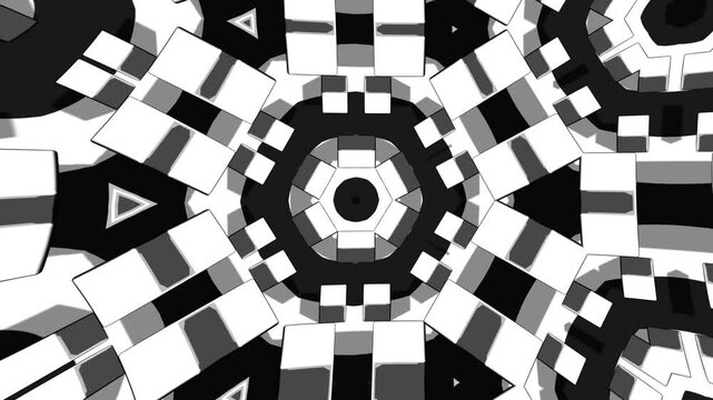 Black and White Abstract Kaleidoscope Motion Background with Stylized 3D Geometry and Symmetrical Cartoon Shapes
