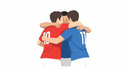 Fototapeta premium Three soccer teammates in different colored jerseys embracing in a group hug after a victory, minimalist flat vector artwork, clipart style, absolute solid block colors, extremely sharp