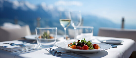 Fototapeta premium Elegant restaurant table with fresh salad and wine overlooks stunning mountain landscape, capturing luxury dining and scenic travel.