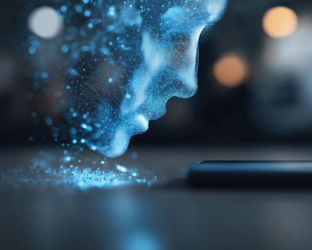 A human profile dissolves into glowing digital particles above a smartphone, representing artificial intelligence and virtual identity.
