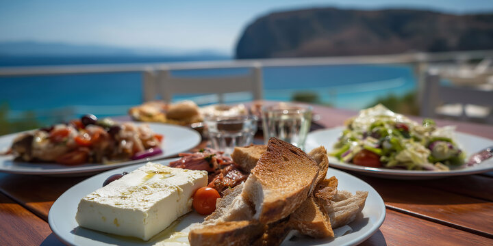 A table displays feta cheese, toasted bread, and fresh salads overlooking a turquoise sea and coastal cliffs on a sunny day.