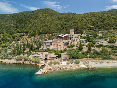 Aerial View of Dochiariou Monastery, monastic state of Mount Athos in Greece.