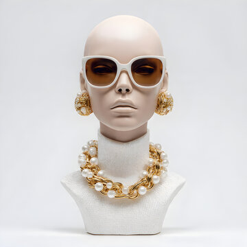Luxury Female Mannequin Wearing White Sunglasses Chunky Gold Chain and Pearl Necklace