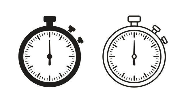 Minimalist stopwatch icons silhouette and outline design for timing, sports, and precision measurement illustrations