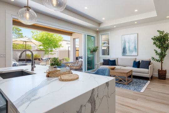 A bright modern kitchen with marble countertops opens seamlessly into a cozy living room and sunny outdoor patio area.