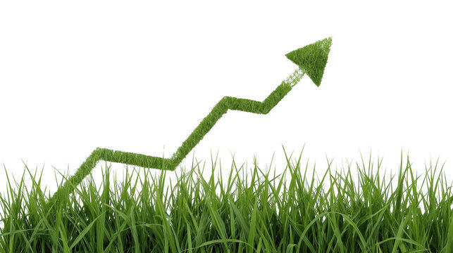 Chart arrow constructed of green grass rises above a field of lawn to illustrate sustainable business growth, ecological investment, and positive economic trends in a clean conceptual composition.