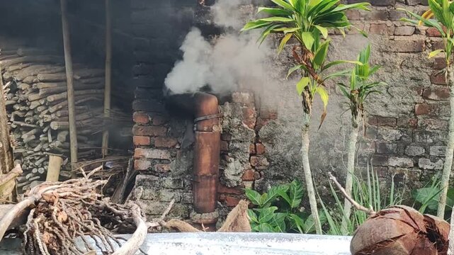 Smoke billows from a traditional rusty metal chimney on an old brick wall outdoor