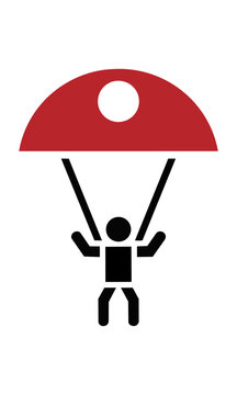 Minimalist ruby red parachute icon with a simplified skydiver silhouette isolated on a white background, minimalist flat design concept