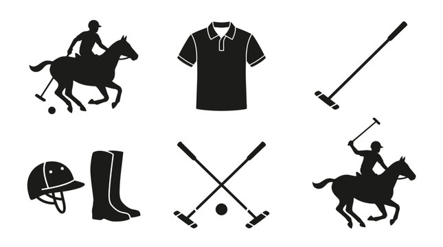 Polo sport icon set showing players, equipment, and attire for horseback riding and competitive game concepts
