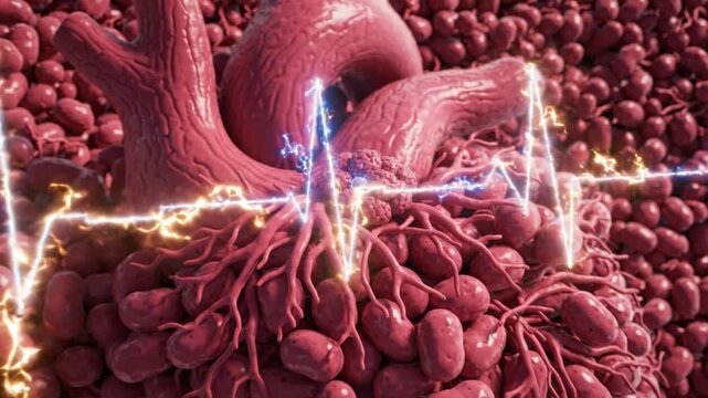 Ultra realistic microscopic journey through living heart tissue focusing on a sinoatrial pacemaker cell generating synchronized electrical impulses brilliant blue golden bioelectric waves flowing towa