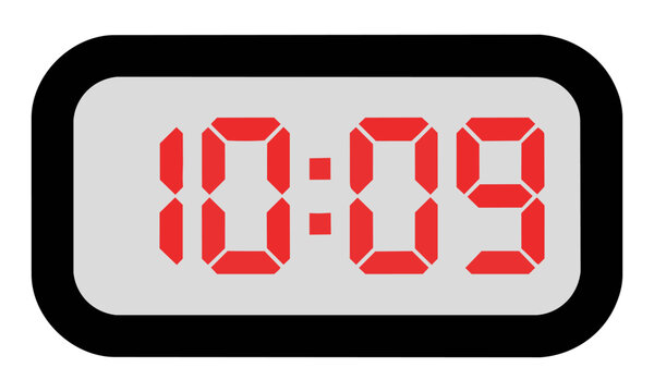Minimalist digital alarm clock with a red seven-segment time display on a simple black rounded rectangular frame isolated on white modern technology concept