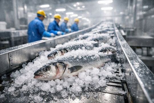 Fresh fish processed on an ice-covered conveyor line in a modern seafood factory, highlighting industrial food production, quality control, and cold chain logistics.