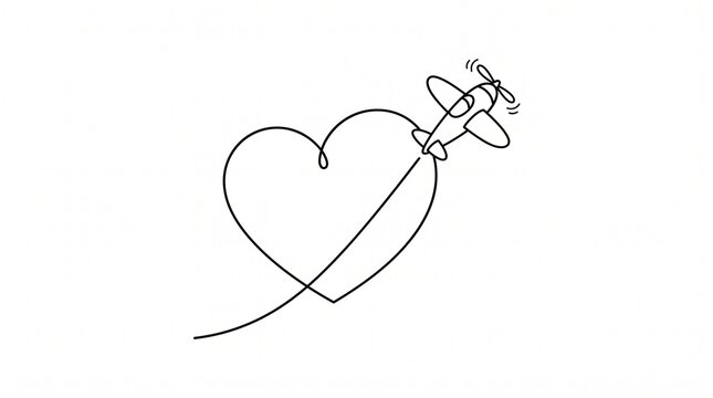 Continuous line drawing of airplane flying and creating a heart shaped smoke trail isolated on white background