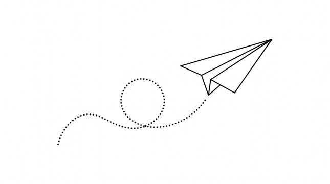 Minimalist paper airplane icon flying with dotted loop trail continuous line art isolated on white background