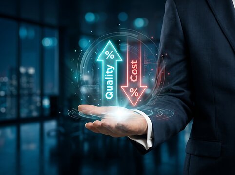 Digital Business Optimization Concept with Quality Increase and Cost Decrease for Corporate Productivity and Financial Performance
