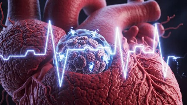 Photorealistic 3D medical visualization of a pacemaker cell emitting rhythmic electrical energy inside the human heart realistic nucleus mitochondria membrane proteins ion channels luminous bioelectri