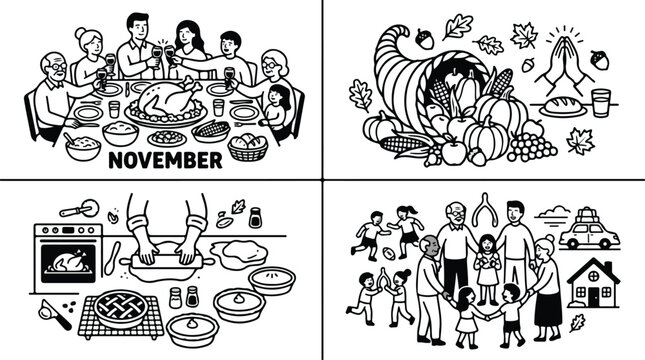 Thanksgiving holiday vector set, November family dinner and autumn harvest scenes, black and white line art of turkey cooking and cornucopia