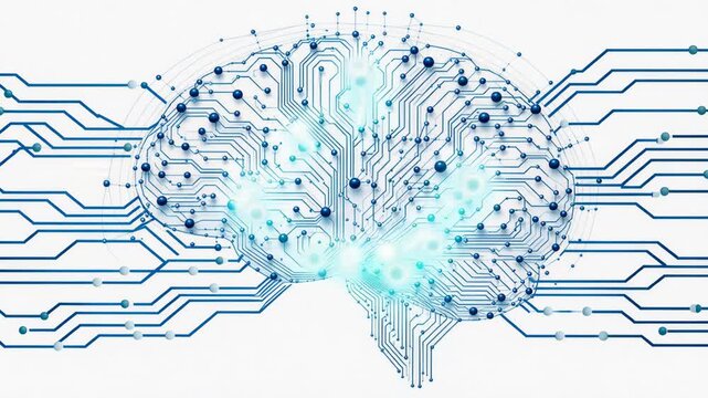 Abstract digital brain with interconnected blue nodes and circuits