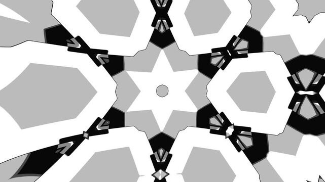 Dynamic Monochrome Kaleidoscope with Stylized 3D Geometric Shapes, Gray Midtones and Abstract Cartoon Visual Language