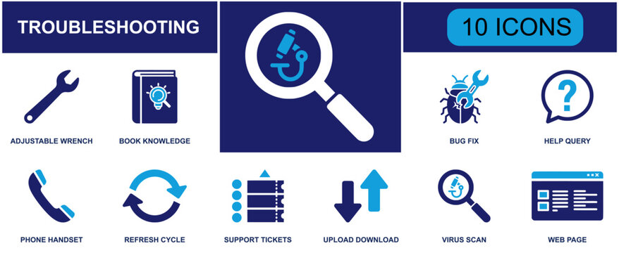 Troubleshooting and technical support icon set. Containing wrench, handbook, bug fix, help query, phone, refresh, support ticket, data transfer, virus scan and more. Solid fill vector icons.