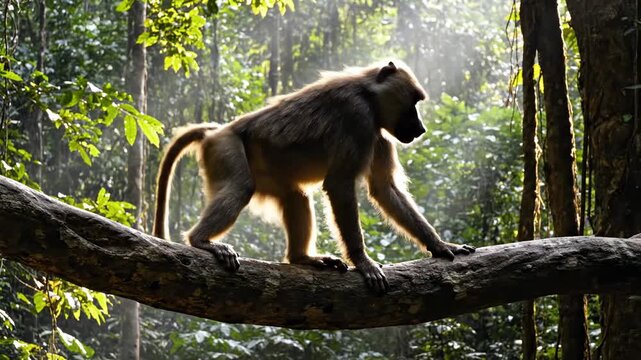 A wild baboon walks cautiously across a large fallen tree trunk inside a lush tropical rainforest while sunlight filters through the dense canopy to illuminate the primate in the humid nature