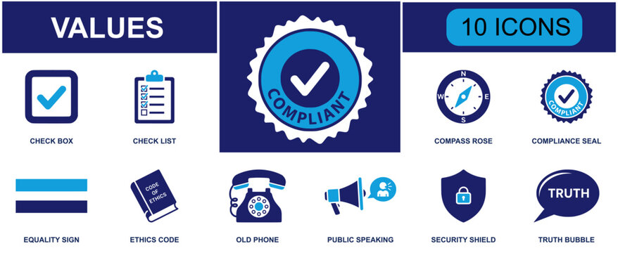 Corporate values icon set. Containing checkbox, checklist, compass, compliance seal, equality, ethics code, telephone, public speaking, security shield and more. Solid fill vector icons.