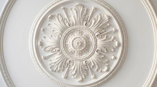 ornate white ceiling medallion design | classic architectural plaster molding details | vintage Victorian style home decor elements | decorative floral ceiling rose pattern