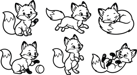 Obraz premium Cute foxes in playful poses and sleeping pose collection