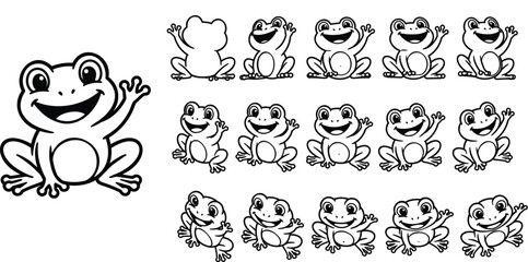 Obraz premium Large frog with row of smaller cartoon frogs in line up