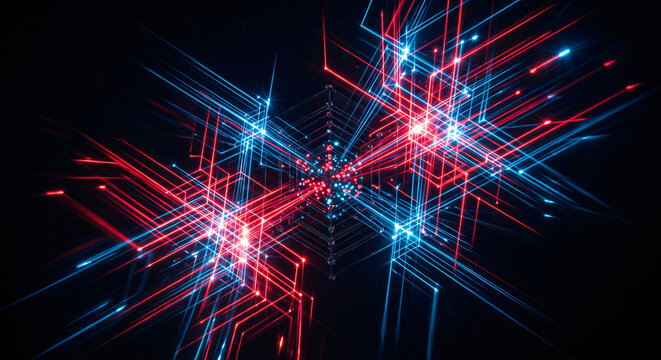 HDR photography of an optical neural network processing data in a glowing neon abstract 3D laser mesh