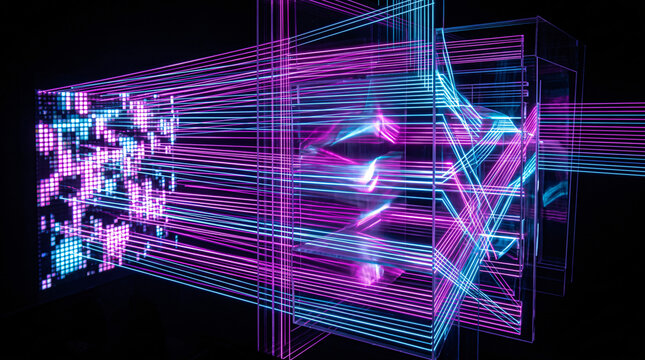 HDR photography of a spatial light modulator transforming optical data in glowing neon abstract style