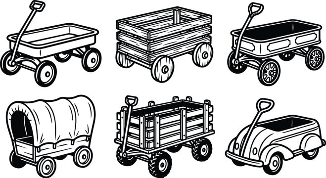 Vector line art set of six toy wagons and carts in black and white