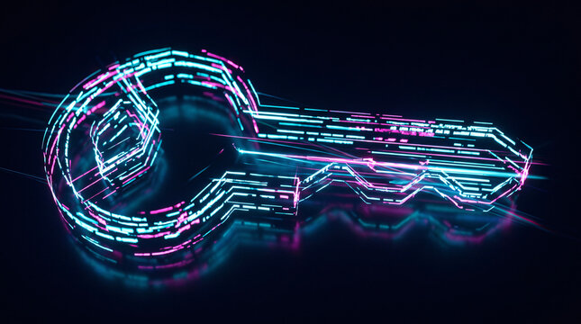 HDR photography of a light-based quantum encryption key in glowing neon abstract style